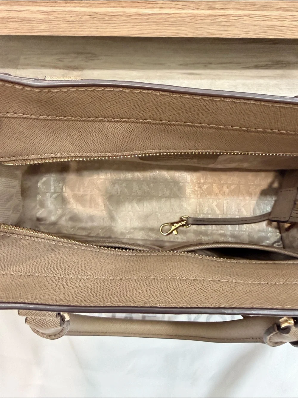Michael Kors Taupe Saffiano Leather Satchel with Gold Hardware